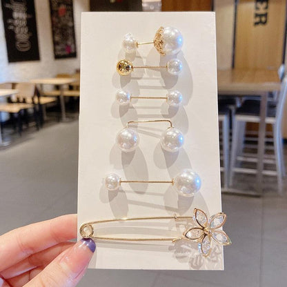 Pearl bead hair pin set with gold-tone bars and a flower crystal clip on display card on Tampa Home & Garden Store