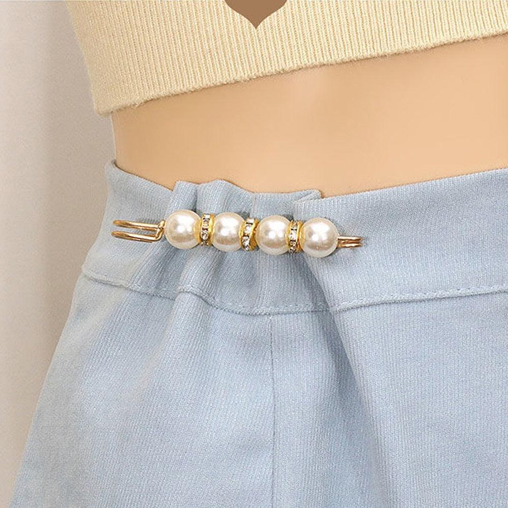 Stevvex detachable metal pants pin with pearl beads and gold spacers on light blue waistband on Tampa Home & Garden Store