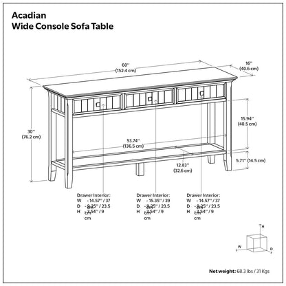 Acadian Wide Console Sofa Table brunette brown by Unique Piece Furniture, 3-drawer front, 60in on Tampa Home & Garden Store