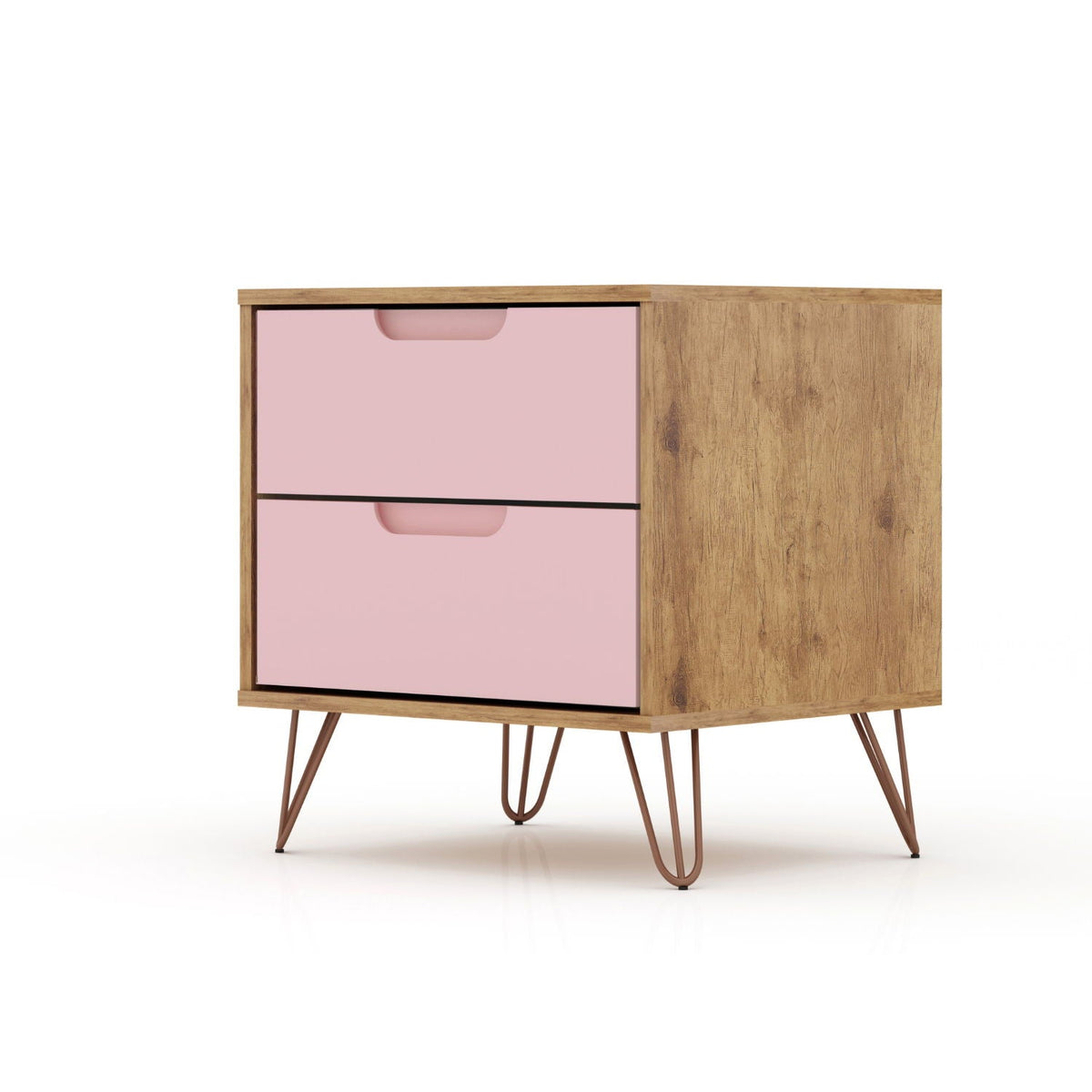 2 Drawer Nightstand by HouseOfZazla with pink front drawers and wood cabinet, splayed metal legs on Tampa Home & Garden Store