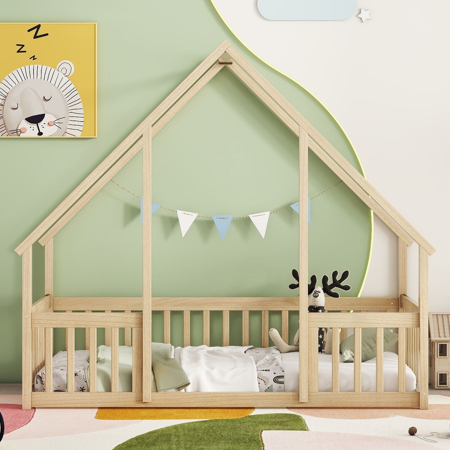 A Wood House Floor Bed with Guardrail Fence