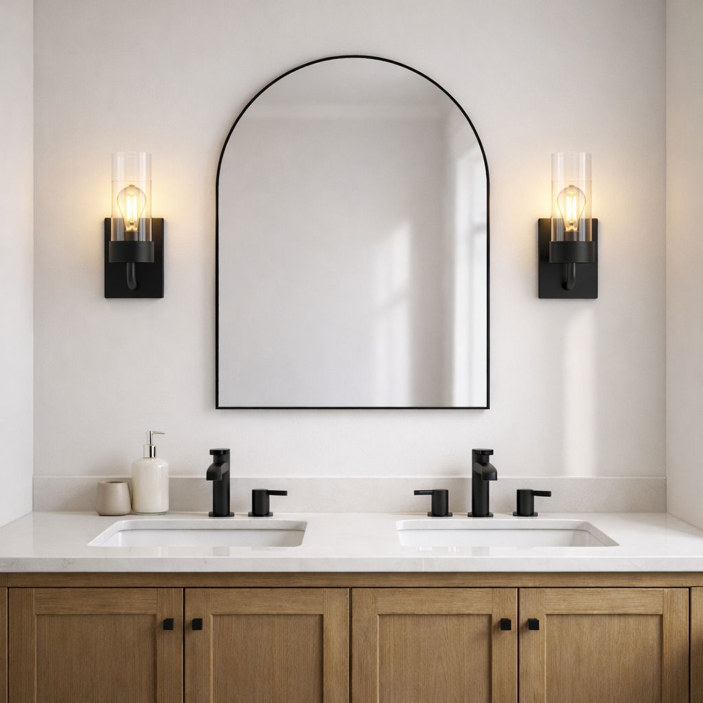 Zephyr sconce pair in black with clear glass cylinders, flanking an arched mirror on Tampa Home & Garden Store