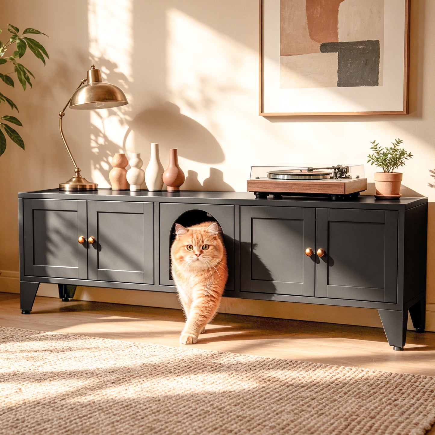 58-inch metal cat litter box enclosure by HouseOfZazla in dark gray, cat at round entry on Tampa Home & Garden Store