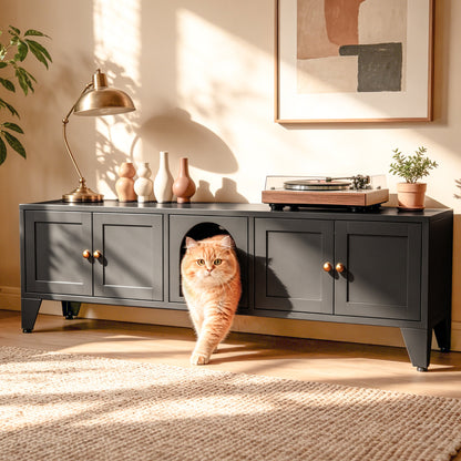 58-inch metal cat litter box enclosure by HouseOfZazla in dark gray, cat at round entry on Tampa Home & Garden Store