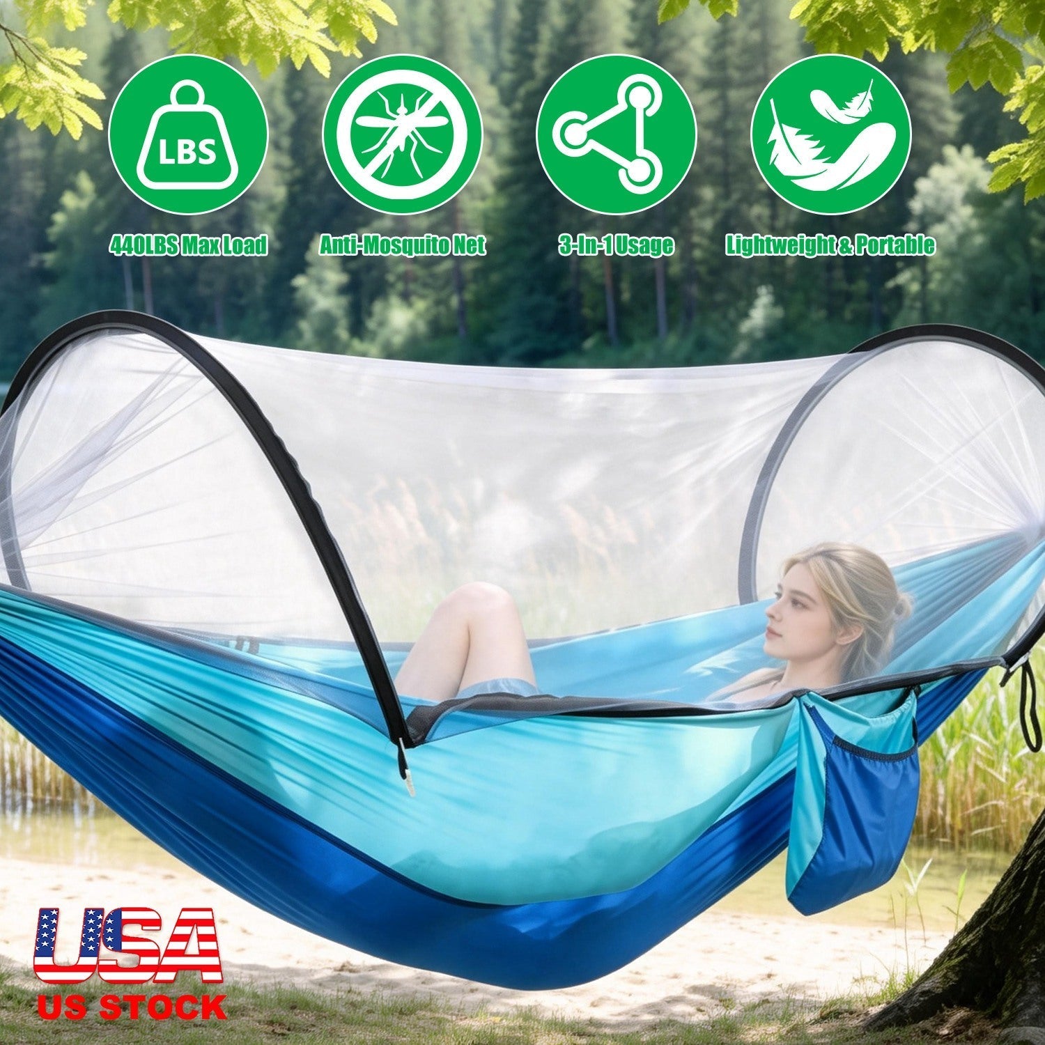 Camping Hammock with Mosquito Net by GemGear, blue 3-in-1 portable, 440lbs max load on Tampa Home & Garden Store