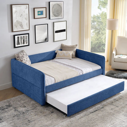 Upholstered daybed with blue fabric and pop-up trundle by Unique Piece Furniture on Tampa Home & Garden Store