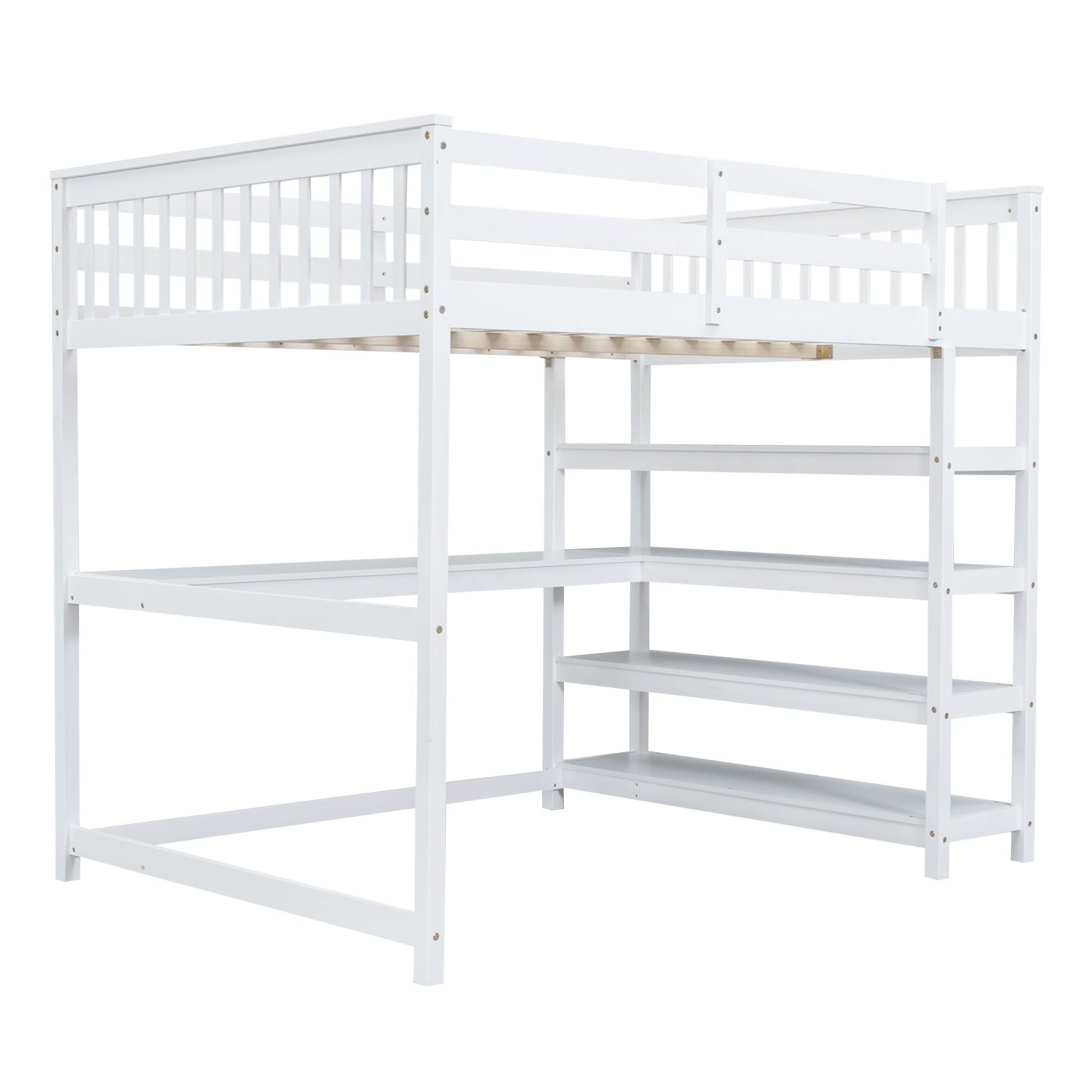 Loft bed with storage shelves and under-bed desk, white wood frame with vertical slat rails on Tampa Home & Garden Store