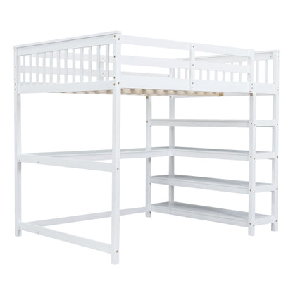 Loft bed with storage shelves and under-bed desk, white wood frame with vertical slat rails on Tampa Home & Garden Store