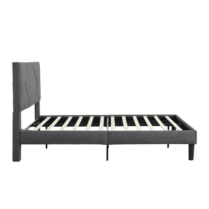 Upholstered platform bed frame with tall gray headboard, wood slat support, black legs on Tampa Home & Garden Store