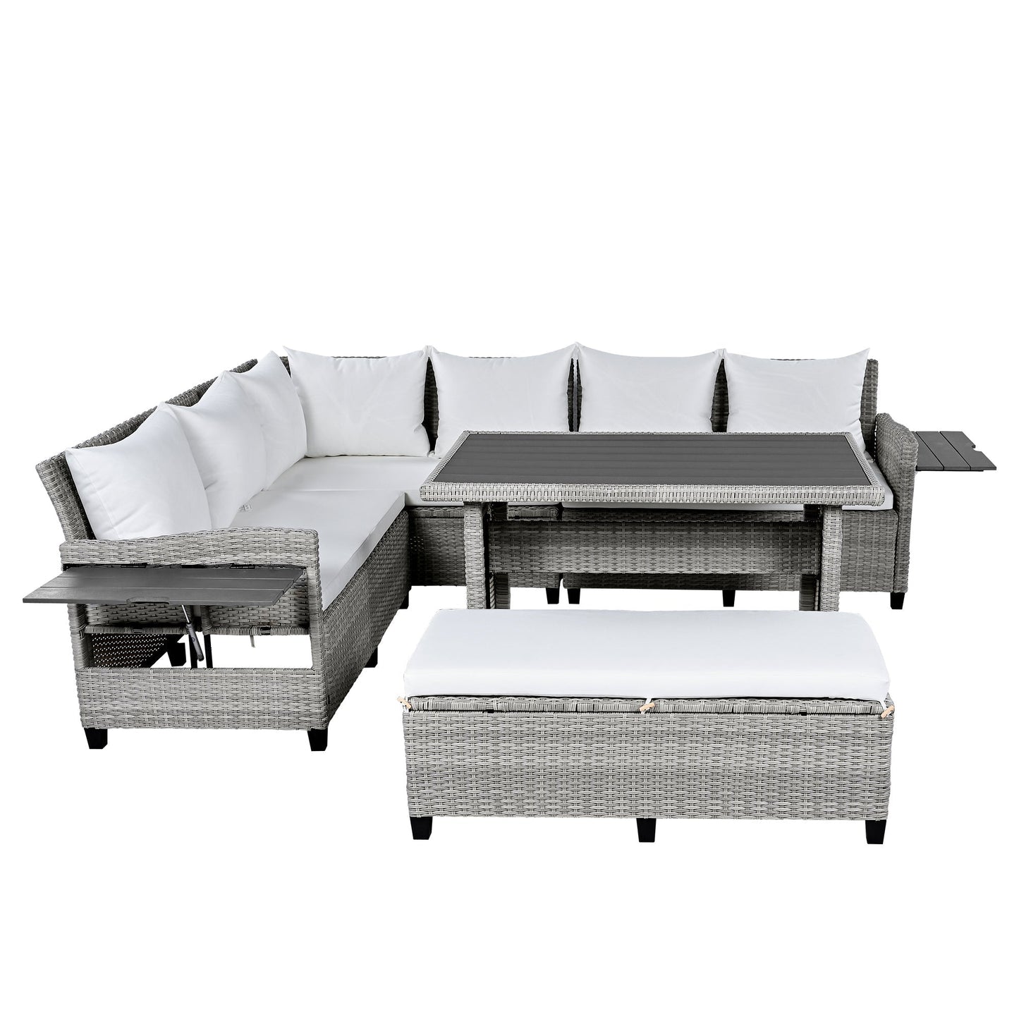 Tomax 5-Piece patio rattan sofa set in grey wicker with white cushions; includes coffee table on Tampa Home & Garden Store