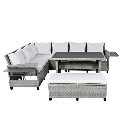 Tomax 5-Piece patio rattan sofa set in grey wicker with white cushions; includes coffee table on Tampa Home & Garden Store