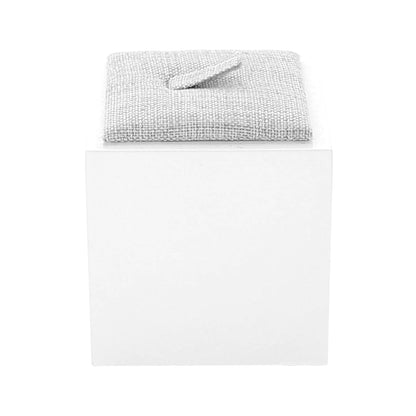 Single Ring Display cushion in grey woven fabric atop a white jewelry stand box on Tampa Home & Garden Store