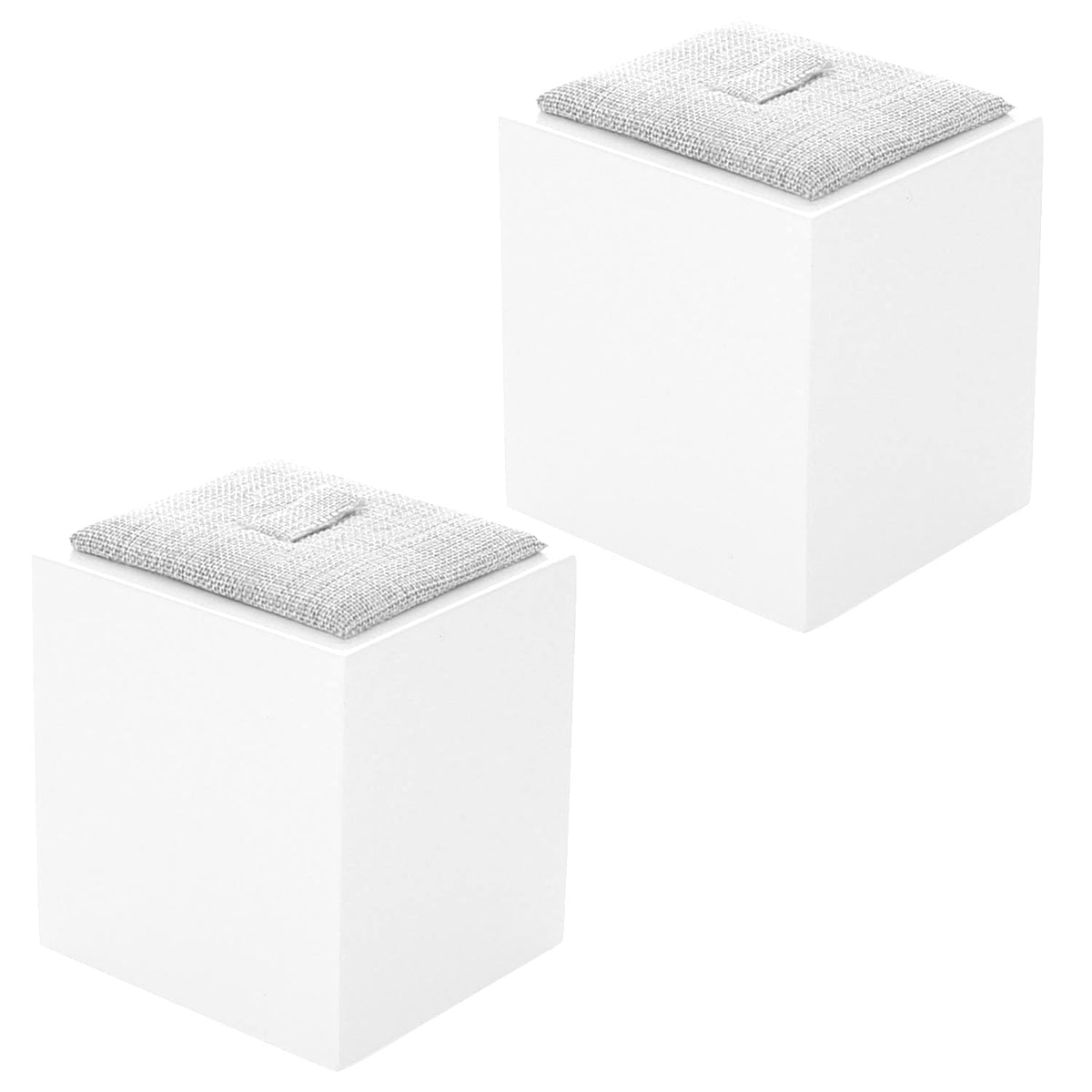 Two white cube ring display stands with grey fabric tops by Lauren G Adams on Tampa Home & Garden Store