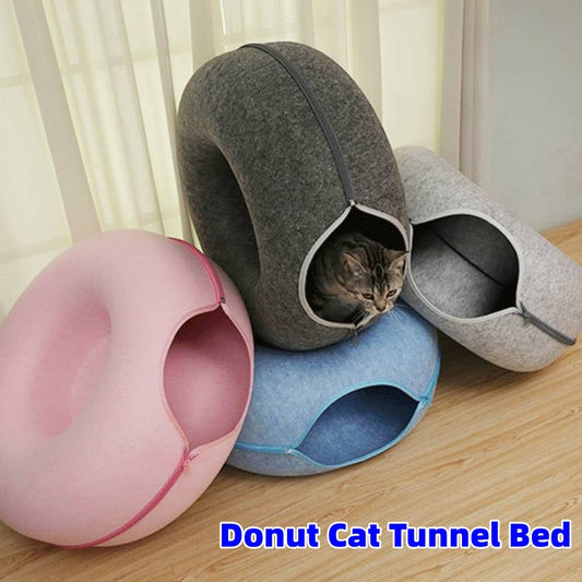 Donut Cat Tunnel Bed set in pink, blue, gray felt with a cat in the gray tunnel Sell My Stuff on Tampa Home & Garden Store