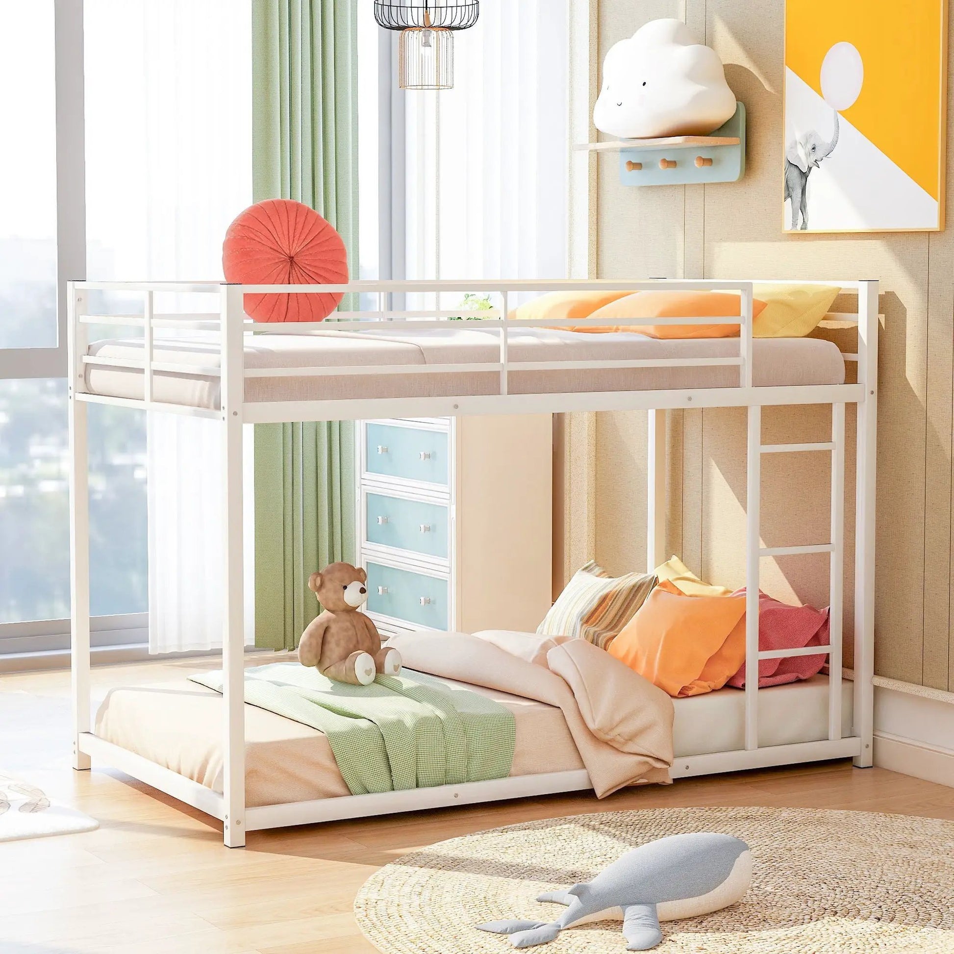 Metal bunk bed with ladder, low bunk design in white finish by Unique Piece Furniture on Tampa Home & Garden Store