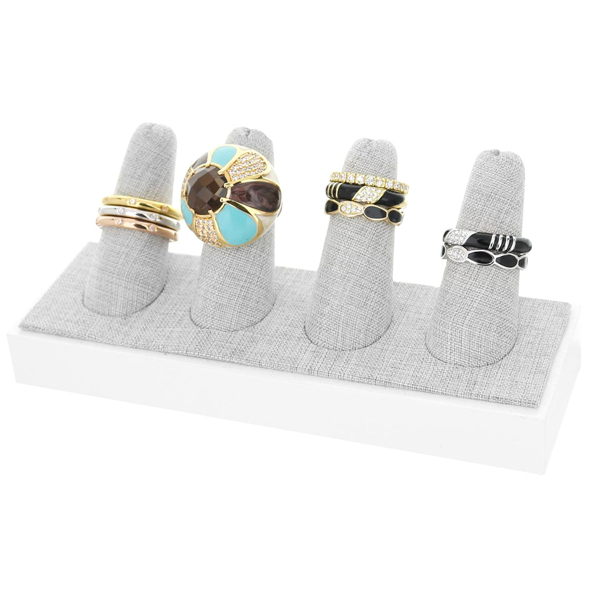 Four Finger Ring Display by Lauren G Adams with turquoise inlay and goldtone rings on gray stand on Tampa Home & Garden Store