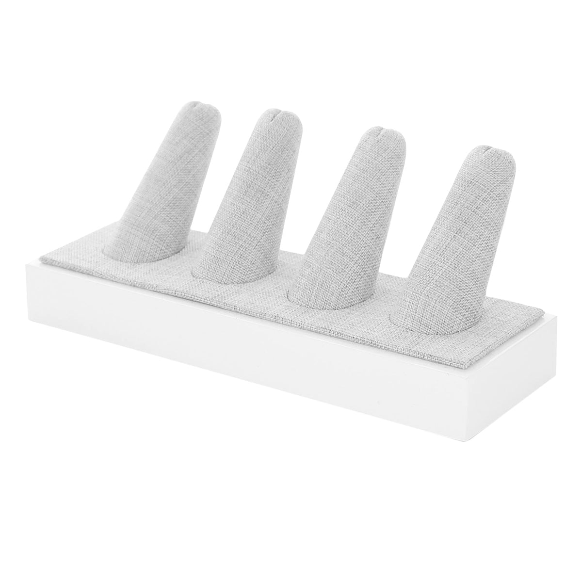 Four-finger ring display with fabric-wrapped finger stands on white base on Tampa Home & Garden Store