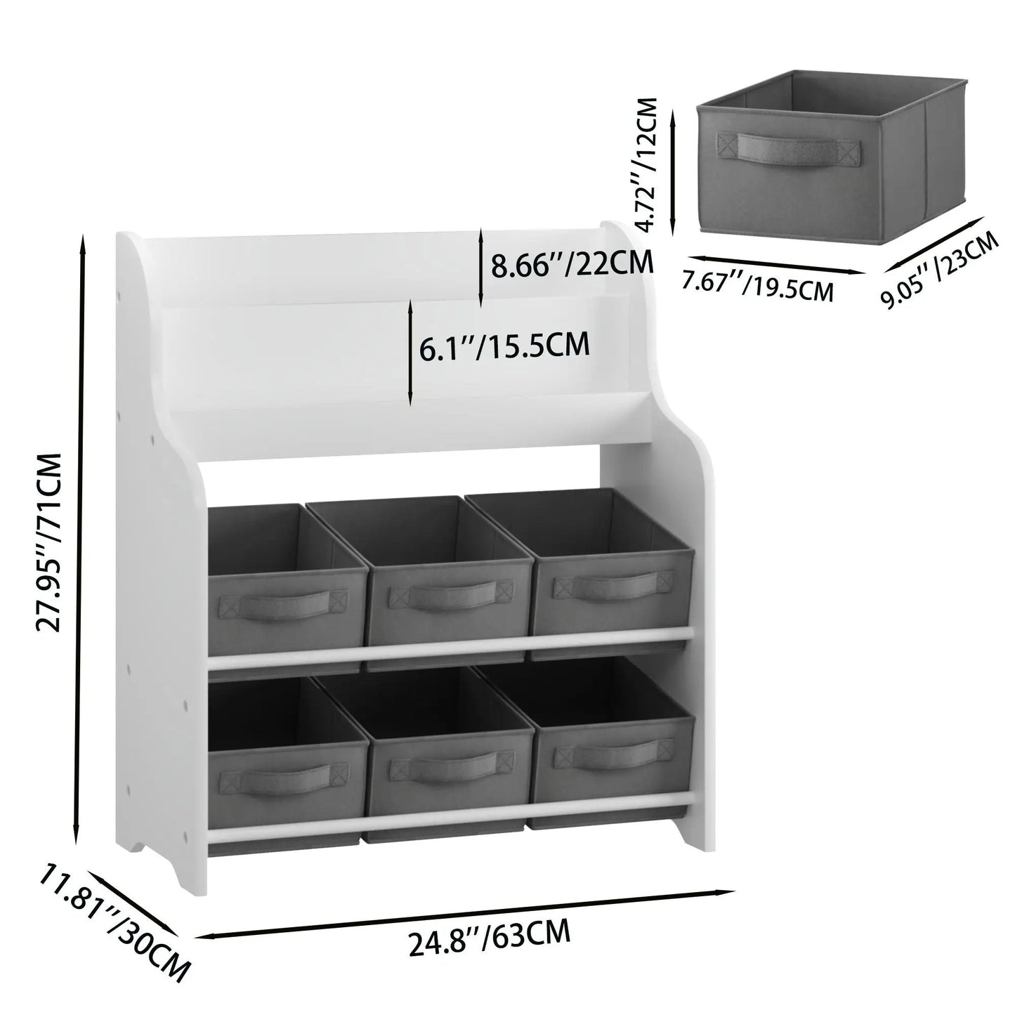 Bookshelf with 6 gray fabric storage bins, white kids bookcase by Unique Piece Furniture on Tampa Home & Garden Store