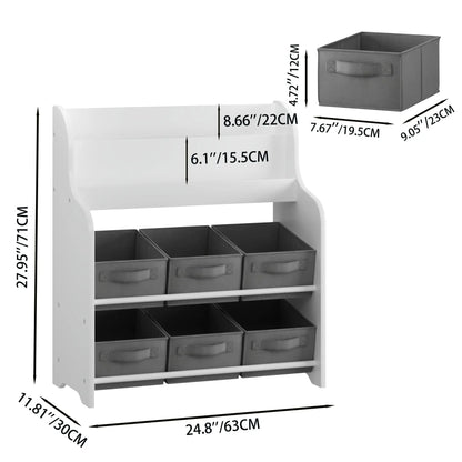 Bookshelf with 6 gray fabric storage bins, white kids bookcase by Unique Piece Furniture on Tampa Home & Garden Store