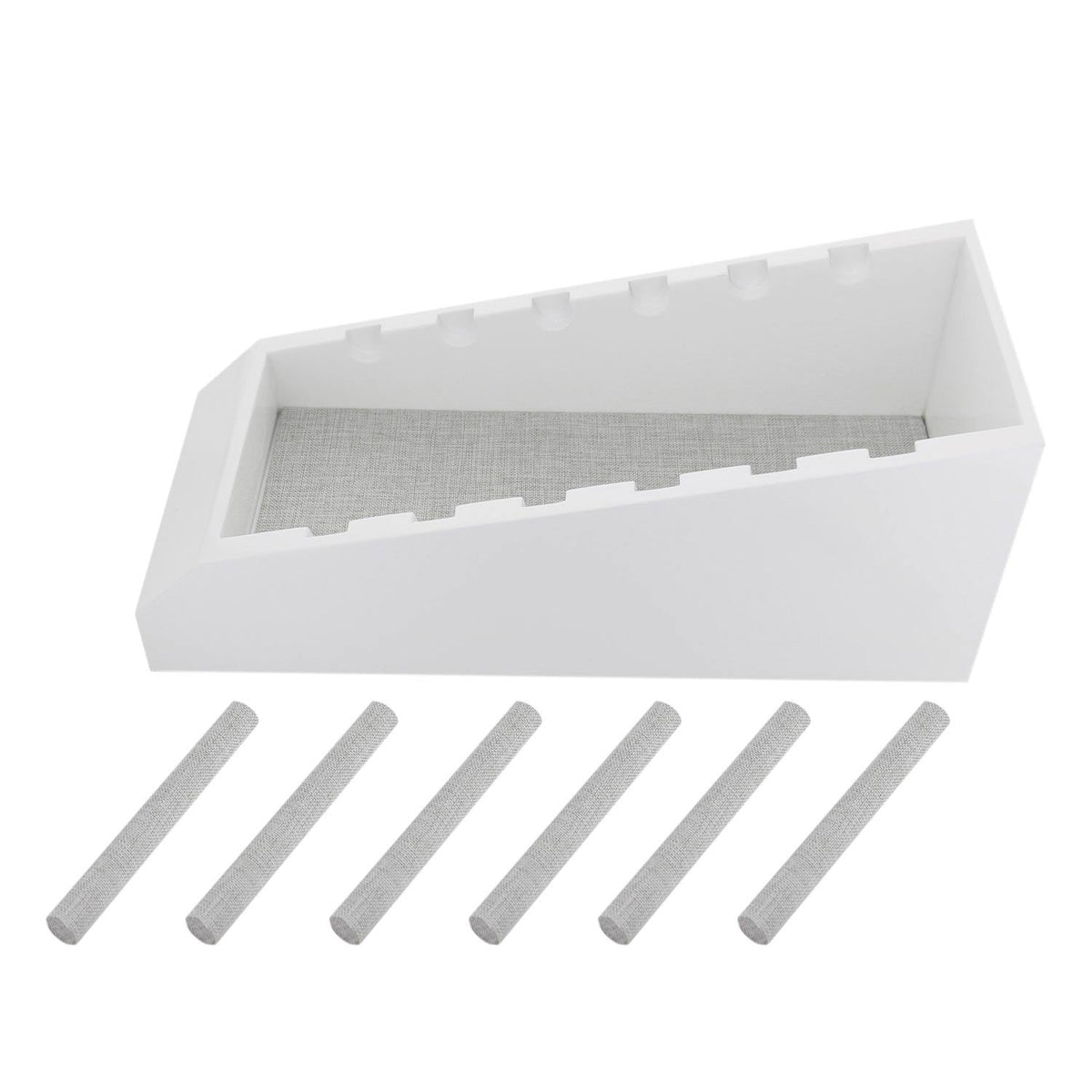 Ring Display stand white with fabric-lined tray and six grey ring posts by Lauren G Adams on Tampa Home & Garden Store