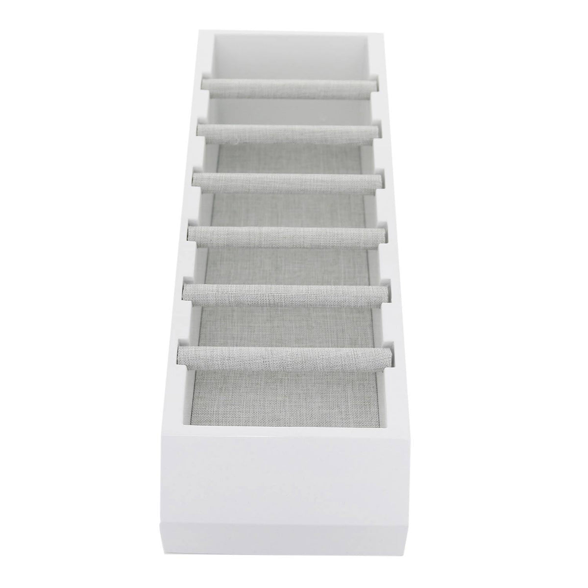 Ring display jewelry stand with white frame and grey fabric-covered bars on Tampa Home & Garden Store