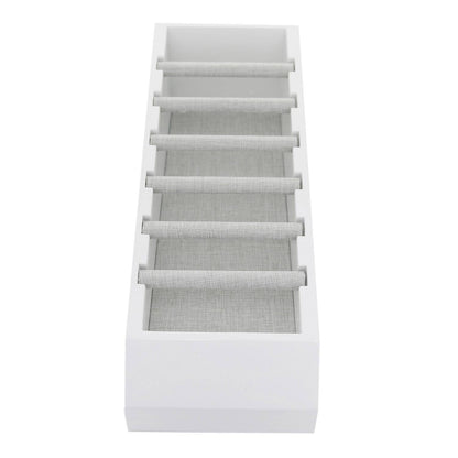 Ring display jewelry stand with white frame and grey fabric-covered bars on Tampa Home & Garden Store