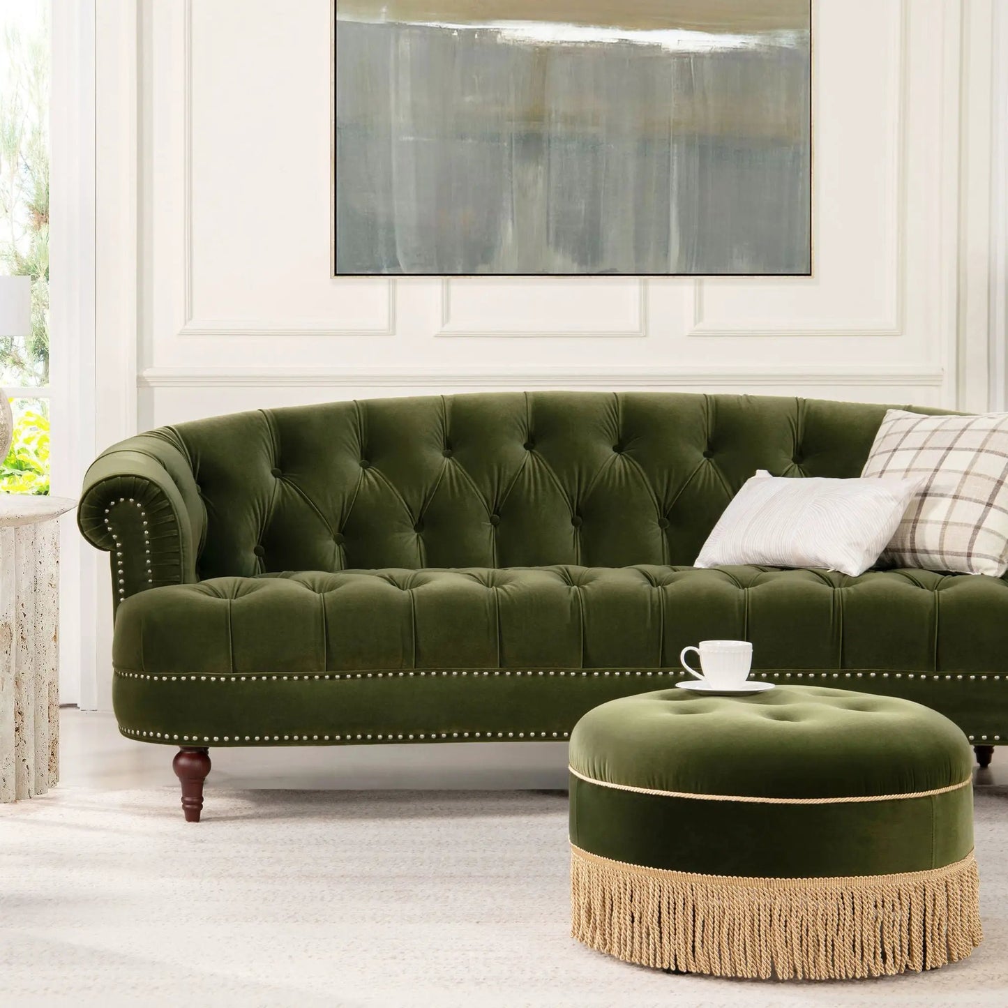 La Rosa Victorian Chesterfield tufted 2-piece sofa & ottoman in emerald velvet with nailhead trim on Tampa Home & Garden Store