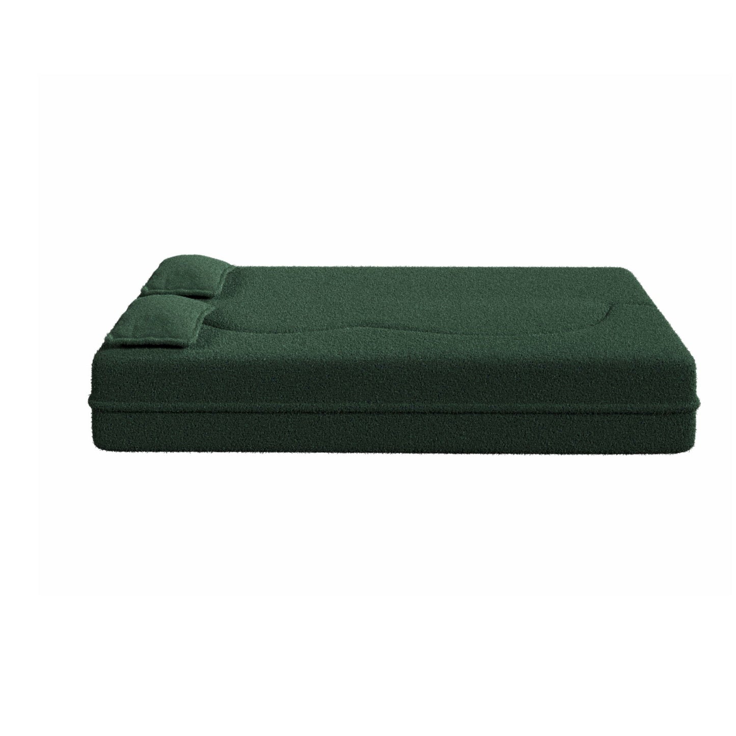 Forest green teddy fabric futon sofa bed with two foam-filled pillows on Tampa Home & Garden Store