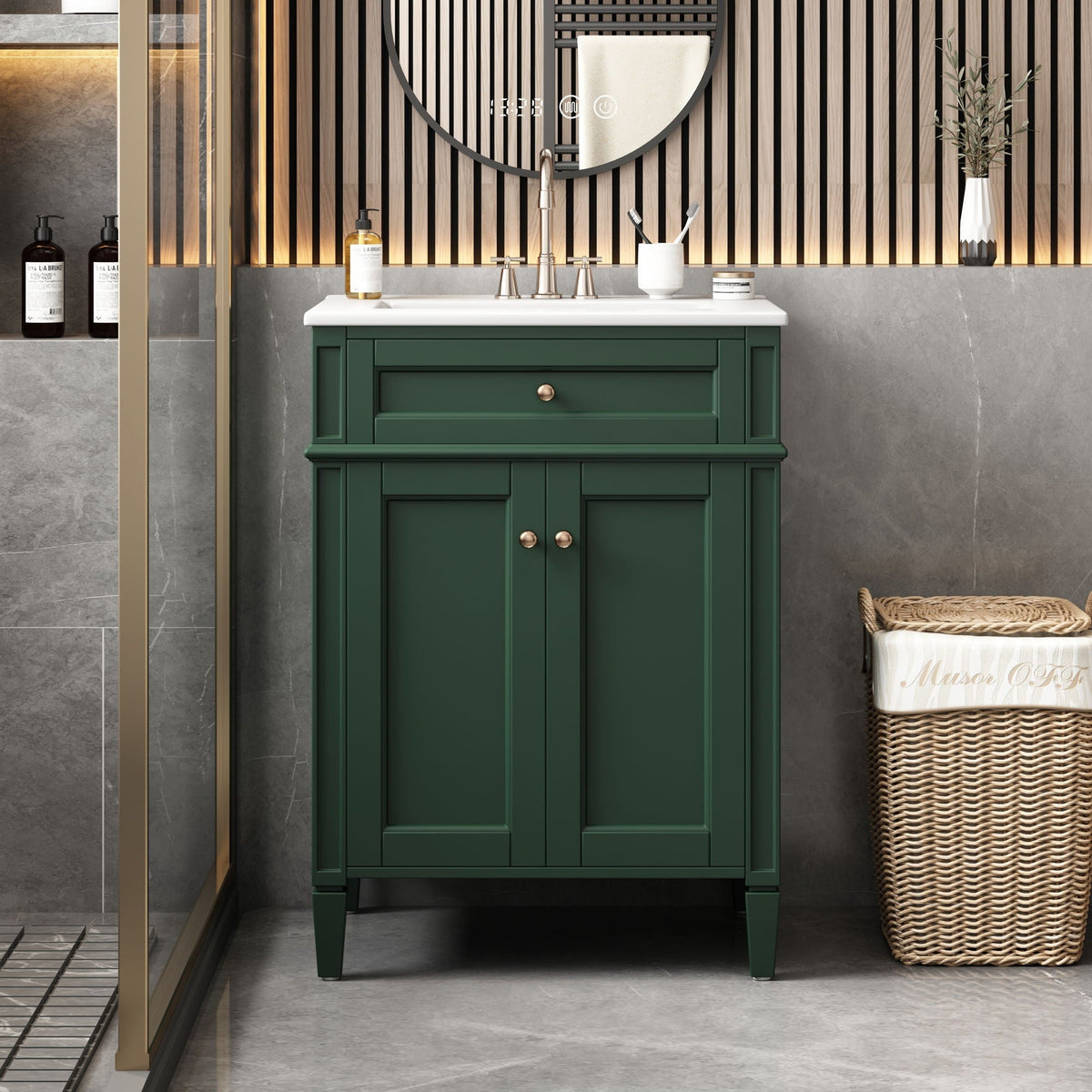 Bathroom vanity with solid wood frame in dark green and white countertop, tip-out drawer on Tampa Home & Garden Store