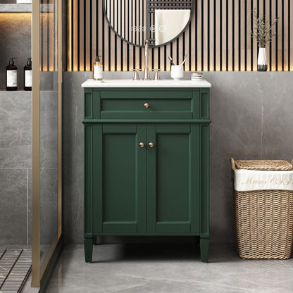 Bathroom vanity with solid wood frame in dark green and white countertop, tip-out drawer on Tampa Home & Garden Store