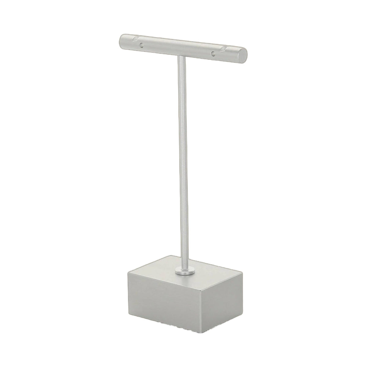 Aluminum T-shaped earring display stand with horizontal bar and square base on Tampa Home & Garden Store