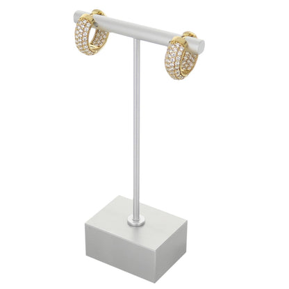 T shaped aluminum earring display with two gold-tone pave hoop earrings on a white base on Tampa Home & Garden Store