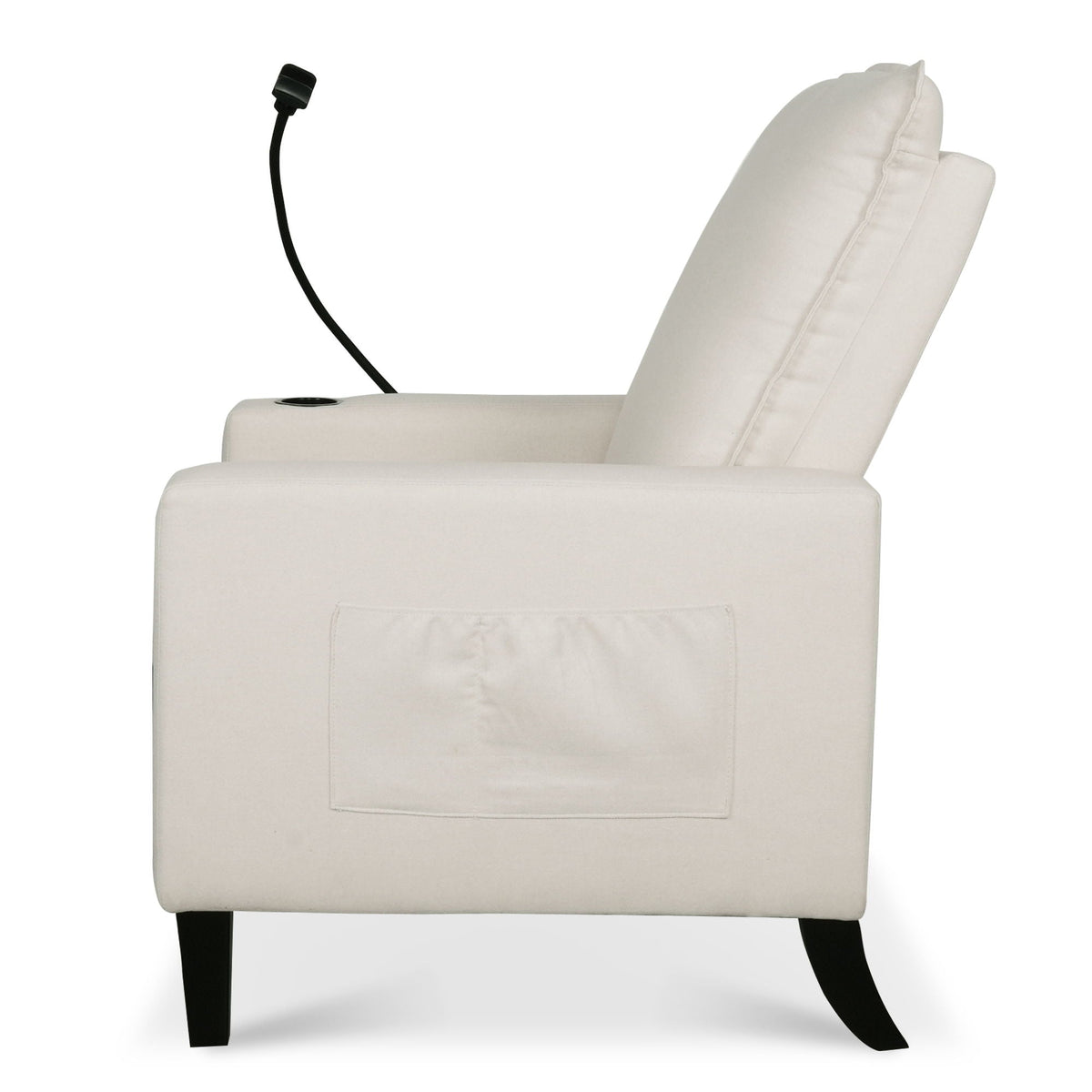 Recliner chair in beige fabric with cup holder and phone holder on Tampa Home & Garden Store