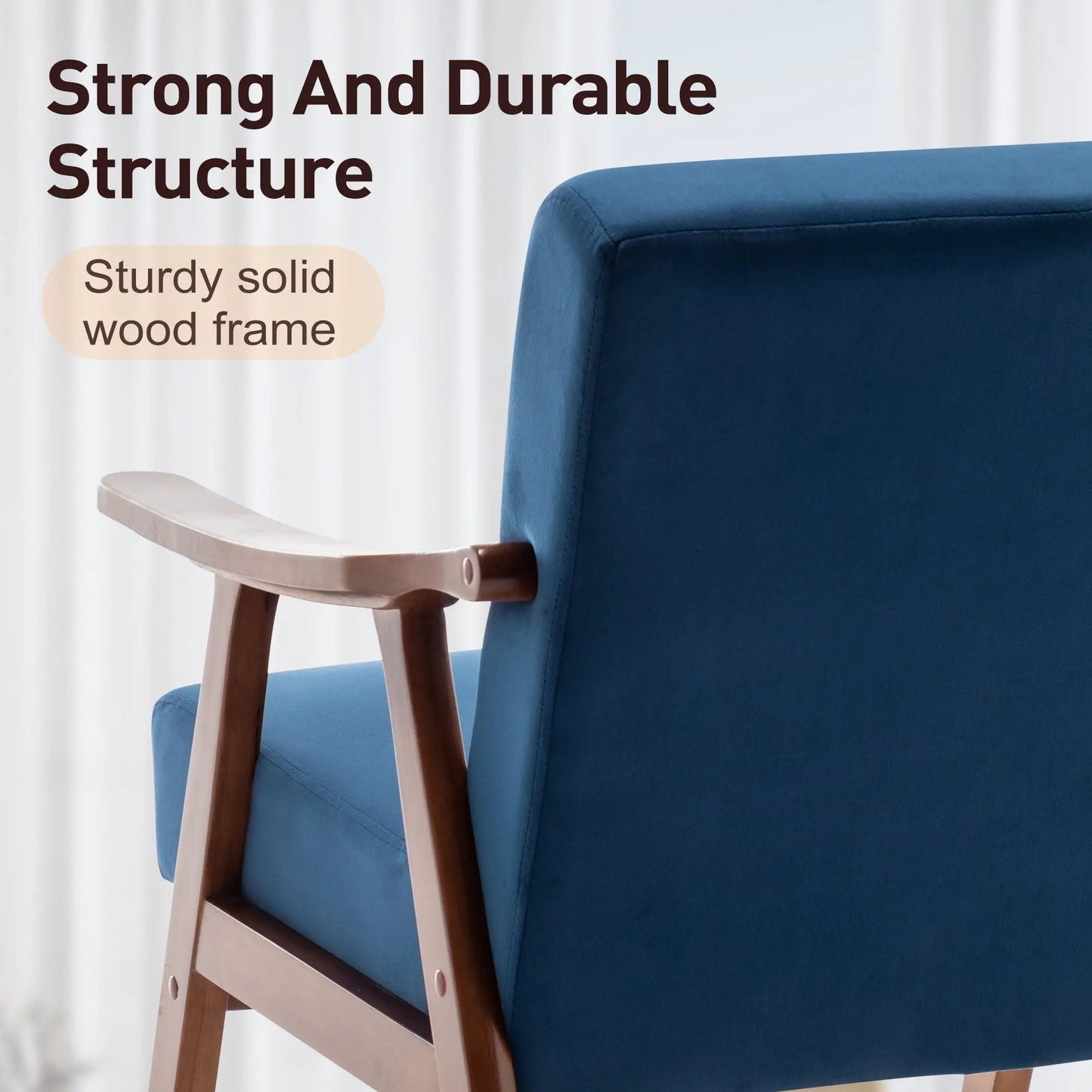 Mid Century Modern Accent Chair blue upholstery with solid wood frame and thick backrest on Tampa Home & Garden Store