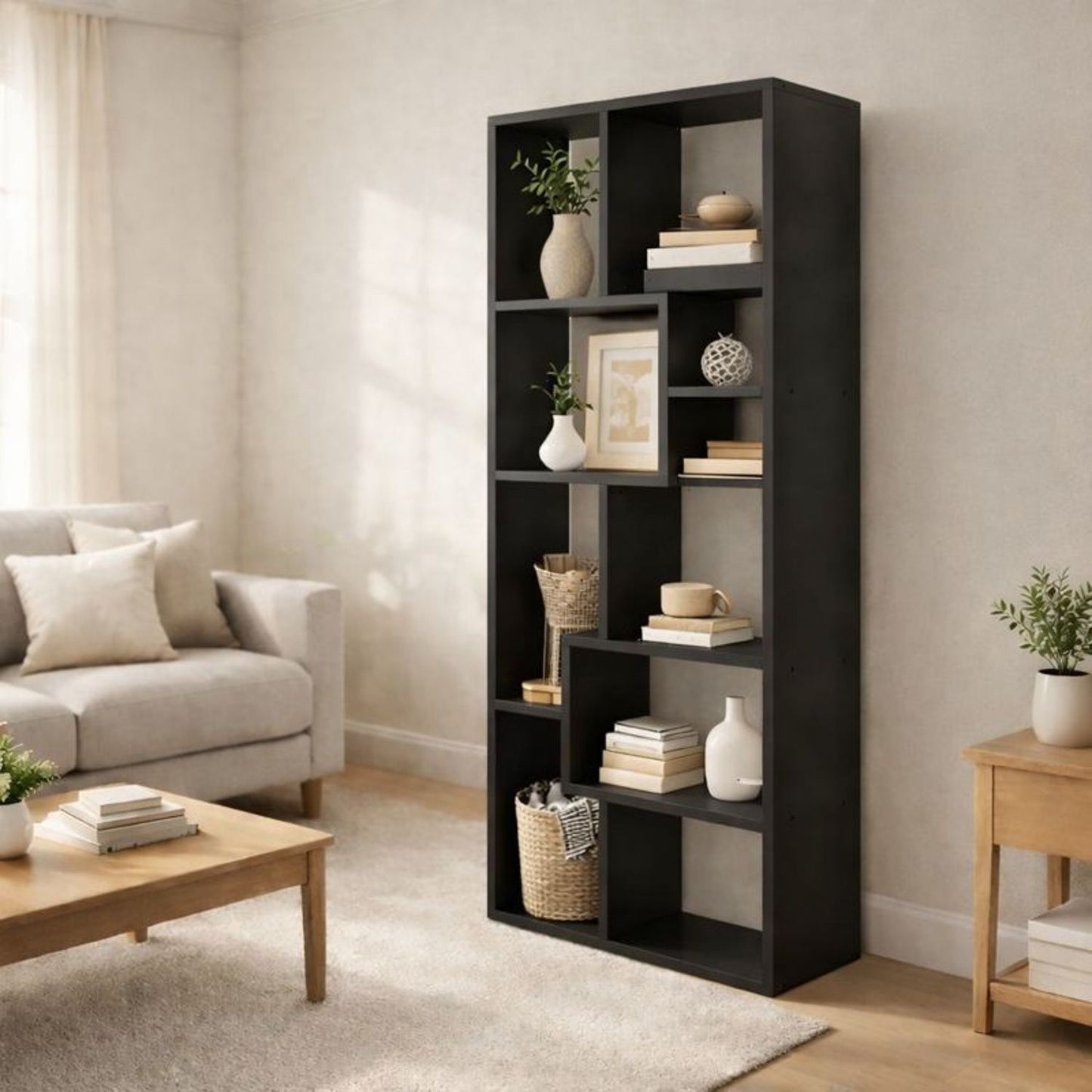 Asymmetrical 5-tier black etagere with open cubbies displaying vases, books and baskets on Tampa Home & Garden Store