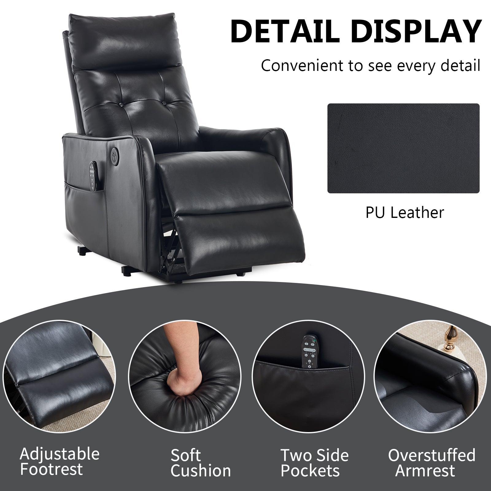 Black PU leather single-motor power lift recliner chair with side-pocket remote on Tampa Home & Garden Store