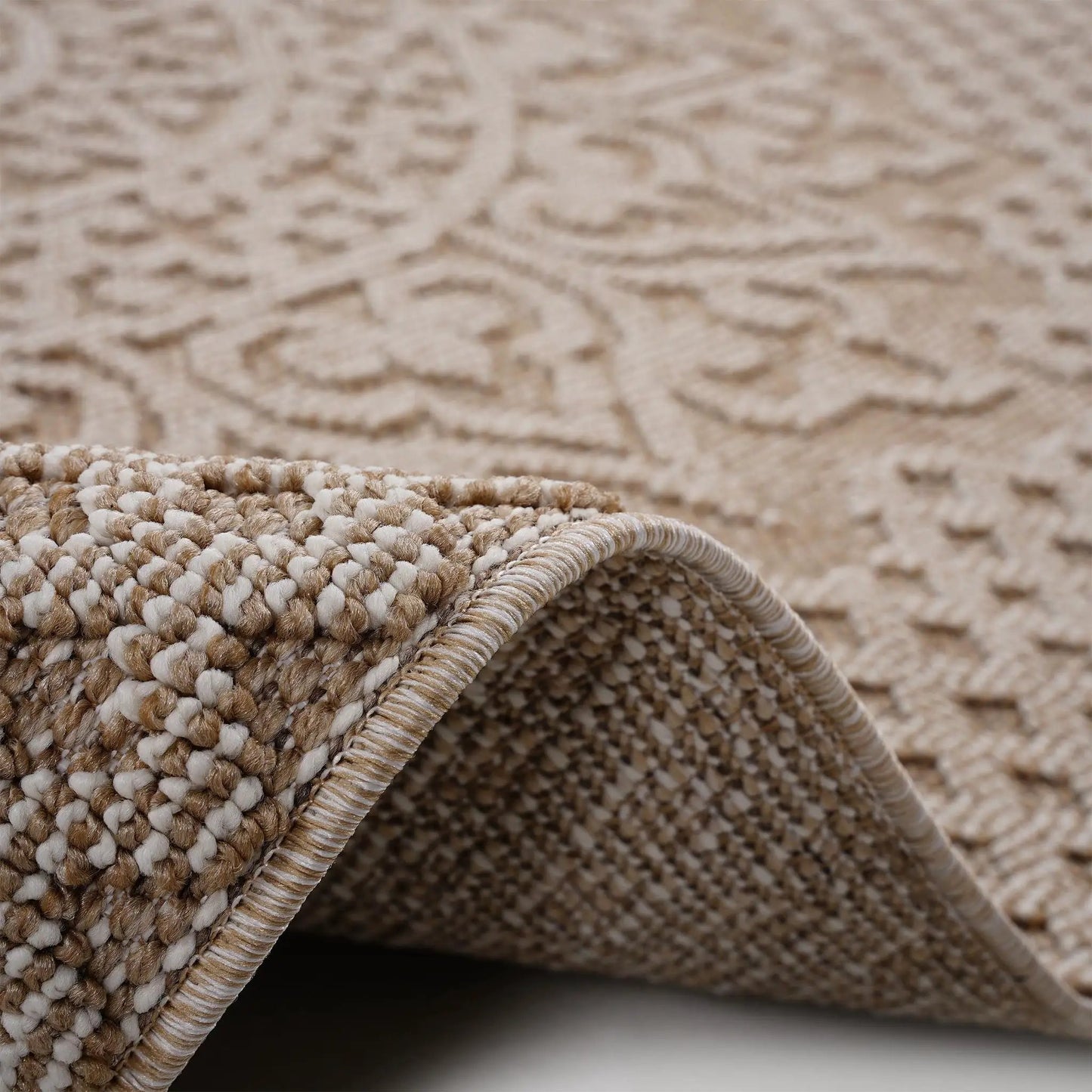 Guros Medallion Indoor / Outdoor Rug beige-brown loop pile with braided edge area rug on Tampa Home & Garden Store