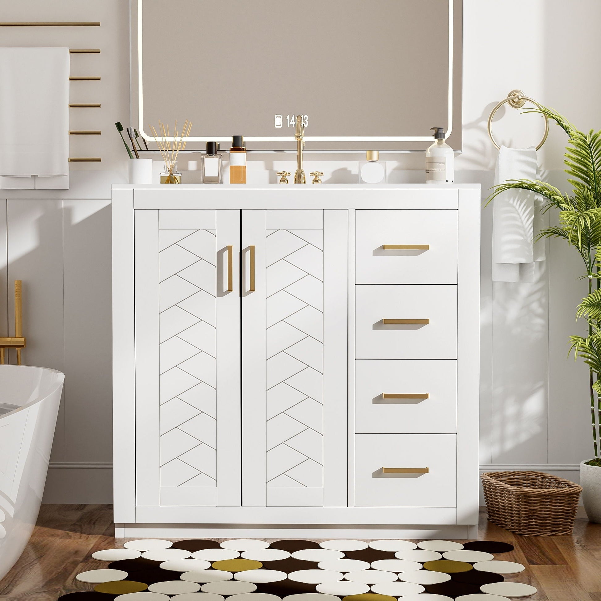 Bathroom vanity with sink by HouseOfZazla, white unit with 3 drawers and soft closing doors on Tampa Home & Garden Store
