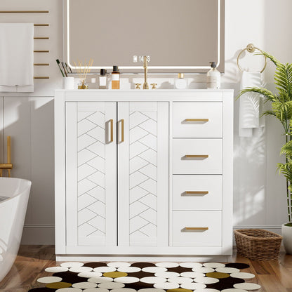 Bathroom vanity with sink by HouseOfZazla, white unit with 3 drawers and soft closing doors on Tampa Home & Garden Store