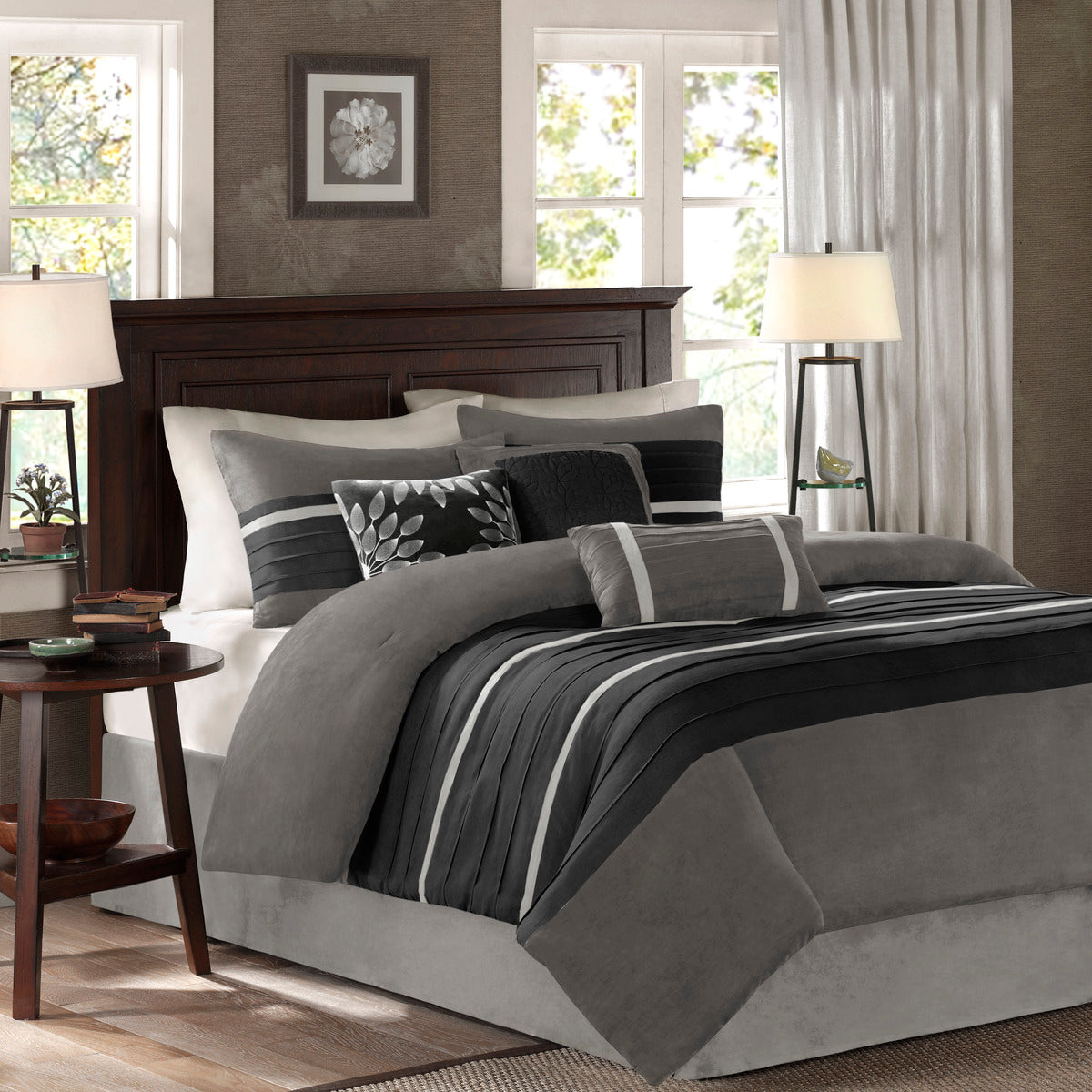 7 pc pieced faux suede comforter set in grey and black with striped accents on Tampa Garden Store on Tampa Home & Garden Store