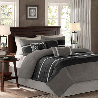 7 pc pieced faux suede comforter set in grey and black with striped accents on Tampa Garden Store on Tampa Home & Garden Store