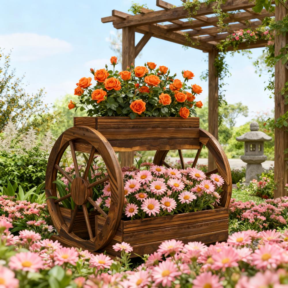 Vintage Wooden Wagon Planter and Garden Bed