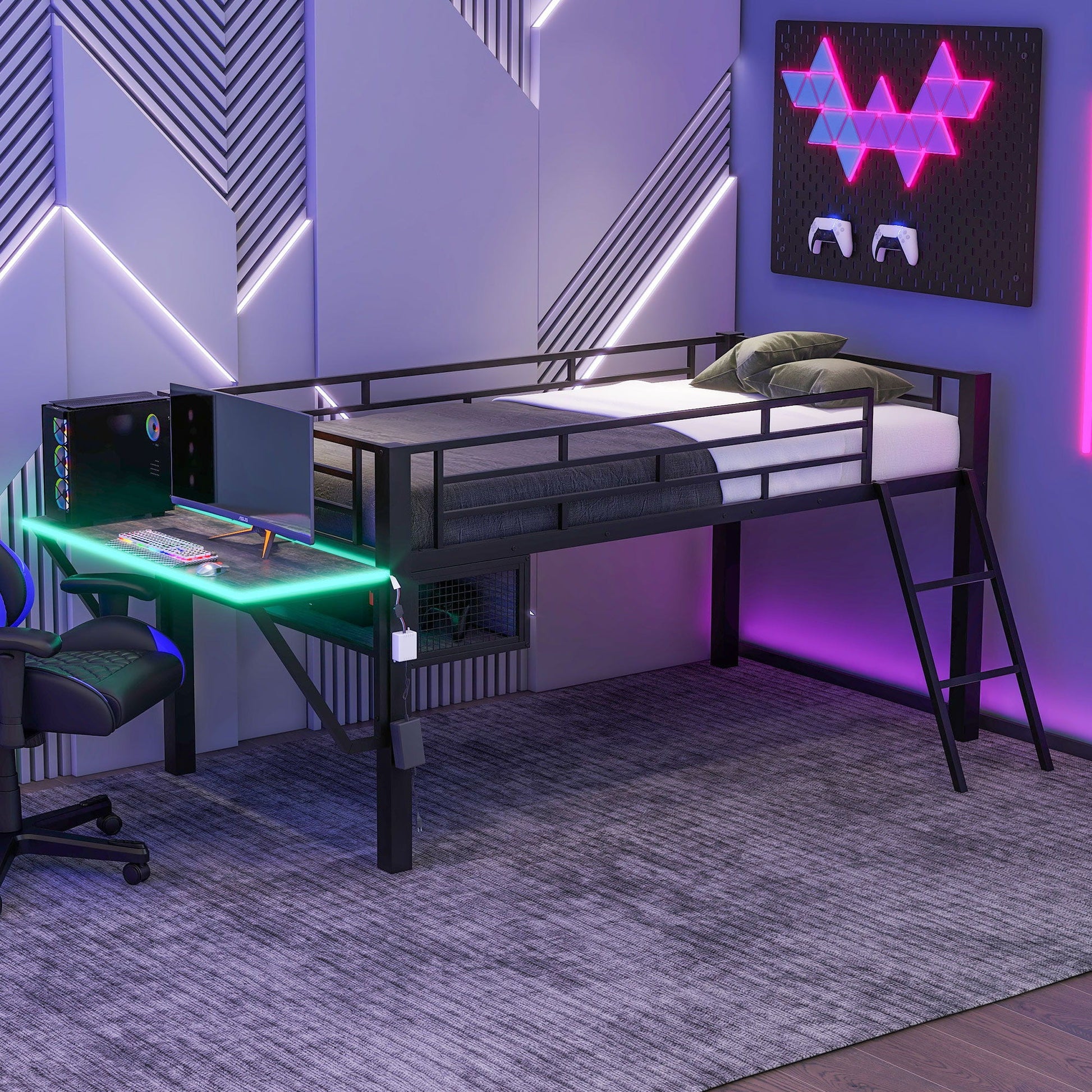 Twin loft bed with desk and LED lighting, black metal frame, HouseOfZazla on Tampa Home & Garden Store