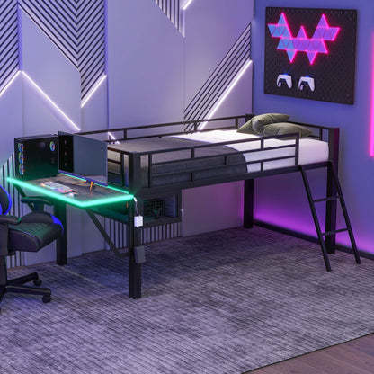 Twin loft bed with desk and LED lighting, black metal frame, HouseOfZazla on Tampa Home & Garden Store