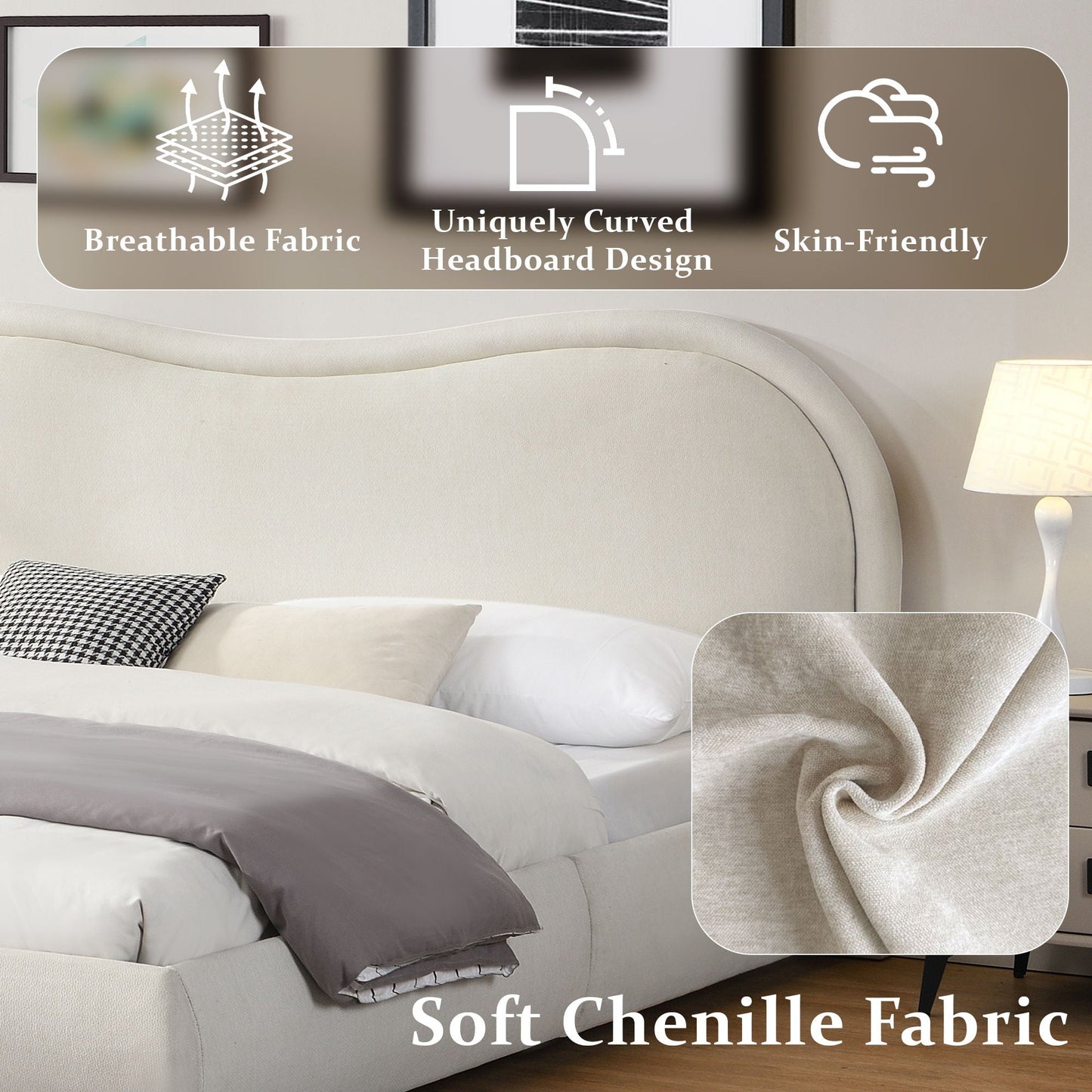 Upholstered Platform Bed with Curved Headboard