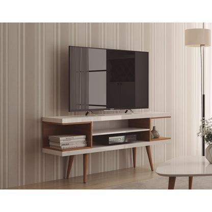 Mid-Century Modern white TV stand with adjustable storage and wood legs, Sony TV on Tampa Home & Garden Store