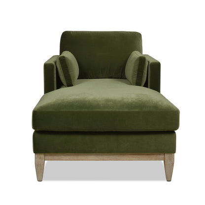 Modern farmhouse green velvet chaise lounge chair by HouseOfZazla with removable cushions on Tampa Home & Garden Store