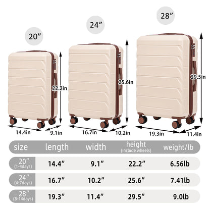 3-Piece ABS spinner luggage set in beige for 20, 24, and 28 inches with brown trim on Tampa Home & Garden Store