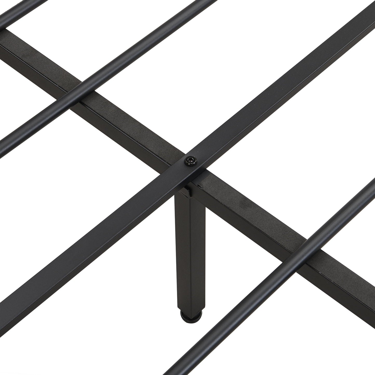 Modern black metal bed frame with cross rails, screw-fastened joints, and caster wheels on Tampa Home & Garden Store