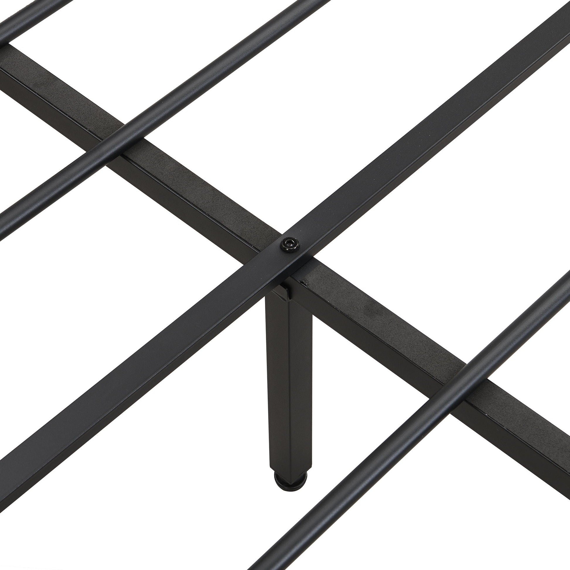 Modern black metal bed frame with cross rails, screw-fastened joints, and caster wheels on Tampa Home & Garden Store